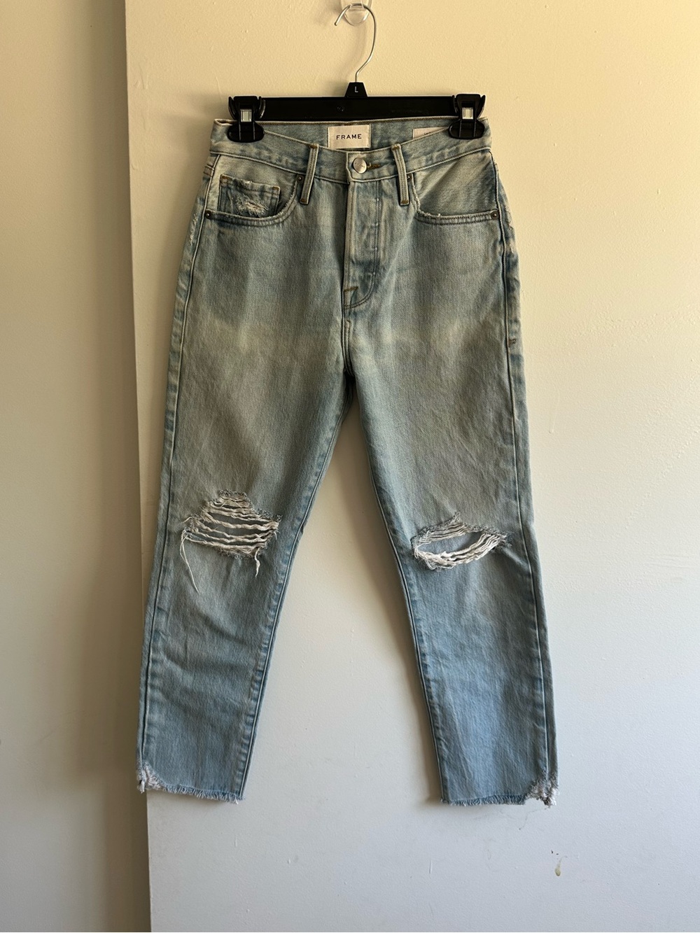 Frame Denim Light Wash Distressed Cropped Mom Jeans